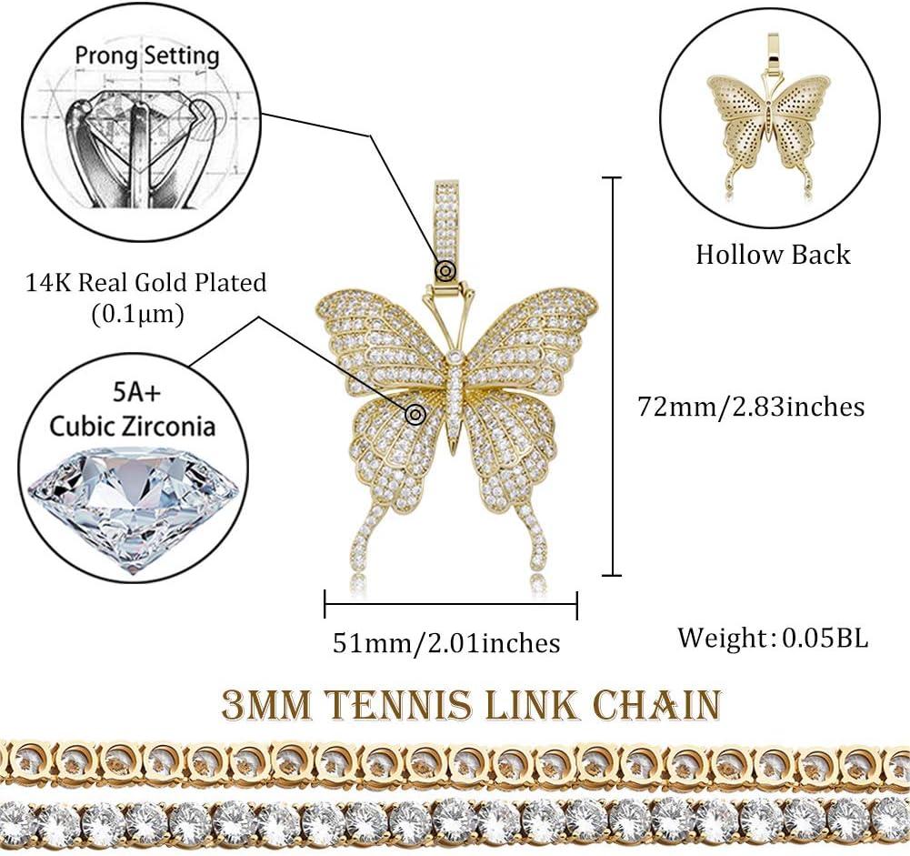 imageTOPGRILLZ Fully Iced Out Lab Diamond Butterfly Chain Pendant Necklace for Women 14K Real Gold Plated Birthday Gifts Tennis Gold