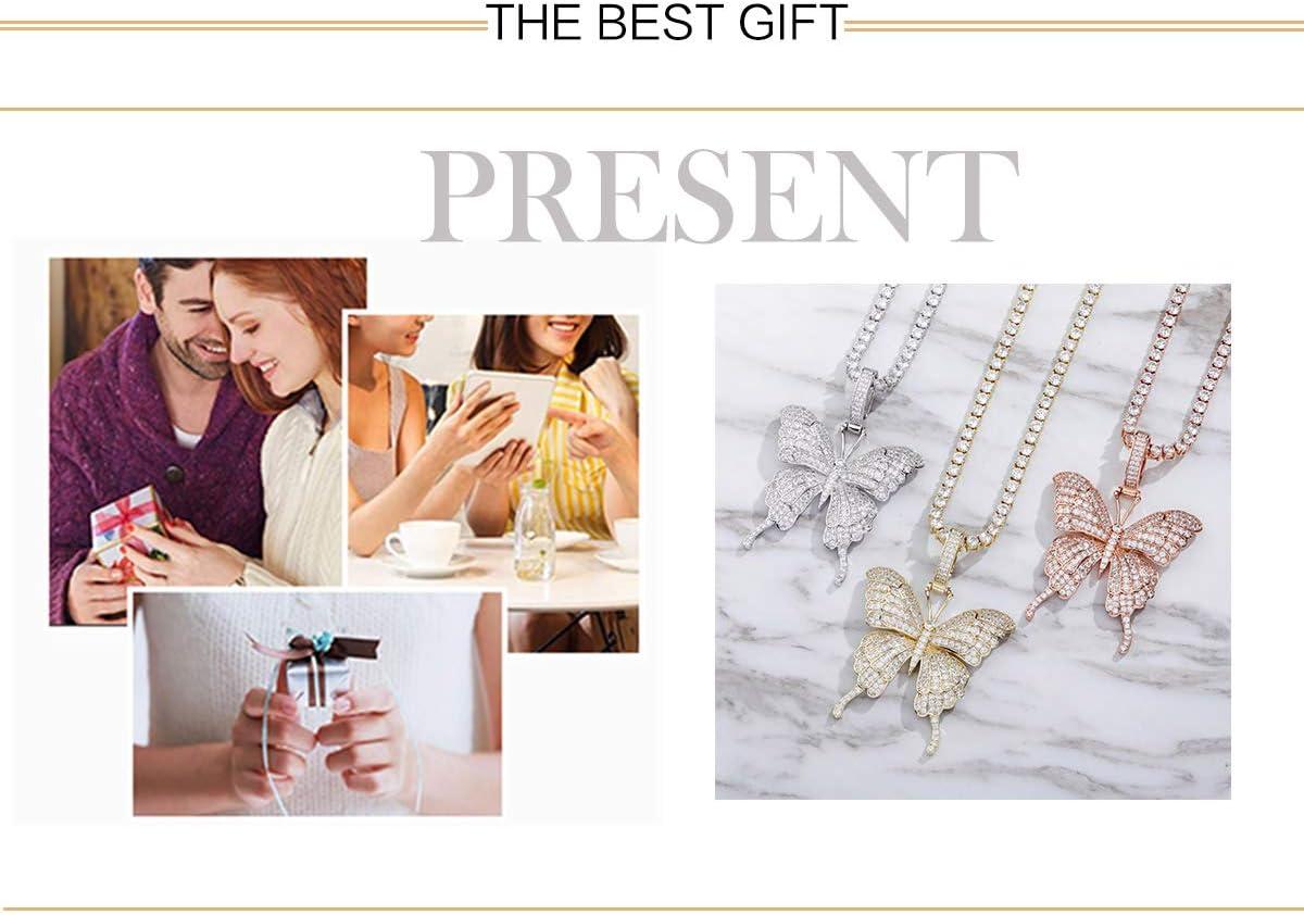 imageTOPGRILLZ Fully Iced Out Lab Diamond Butterfly Chain Pendant Necklace for Women 14K Real Gold Plated Birthday Gifts Tennis Gold