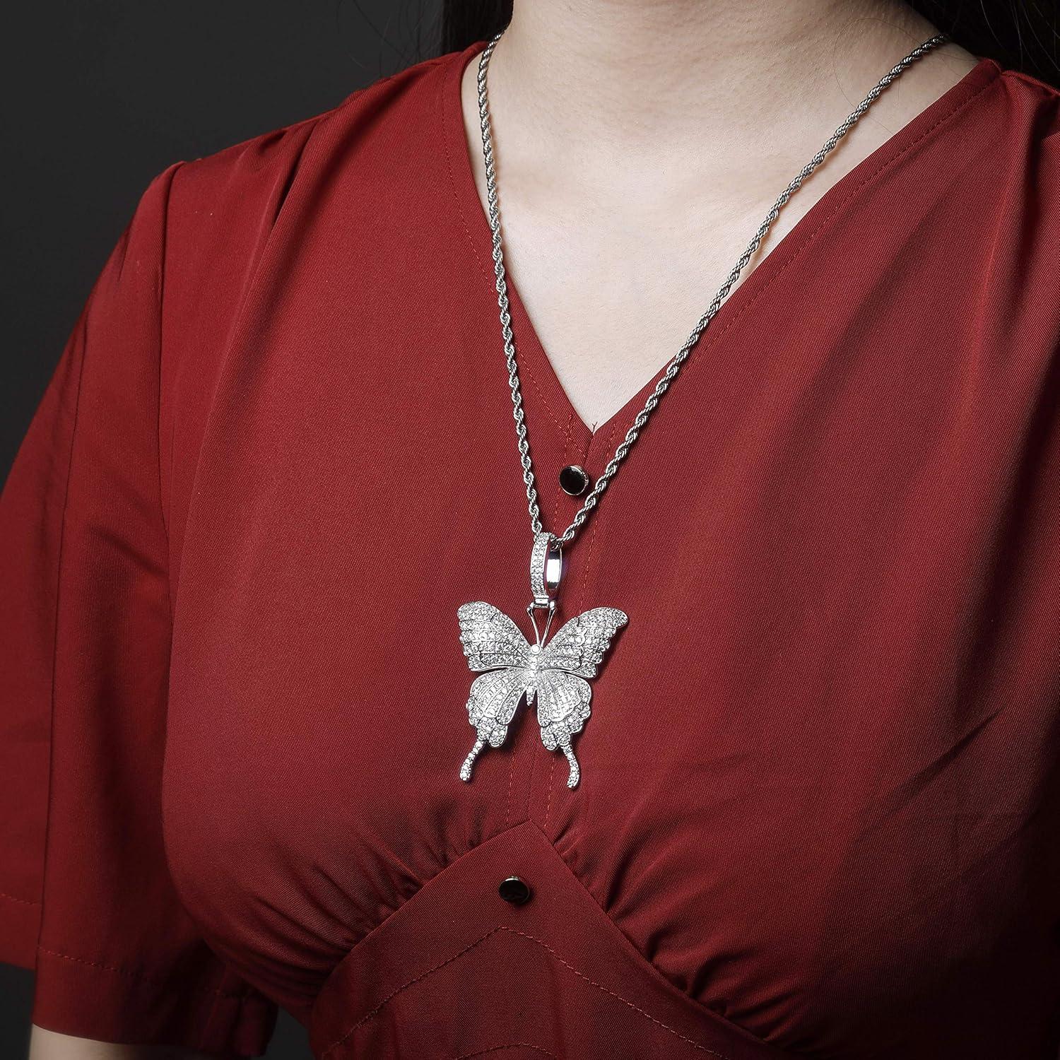 imageTOPGRILLZ Fully Iced Out Lab Diamond Butterfly Chain Pendant Necklace for Women 14K Real Gold Plated Birthday Gifts Tennis Gold
