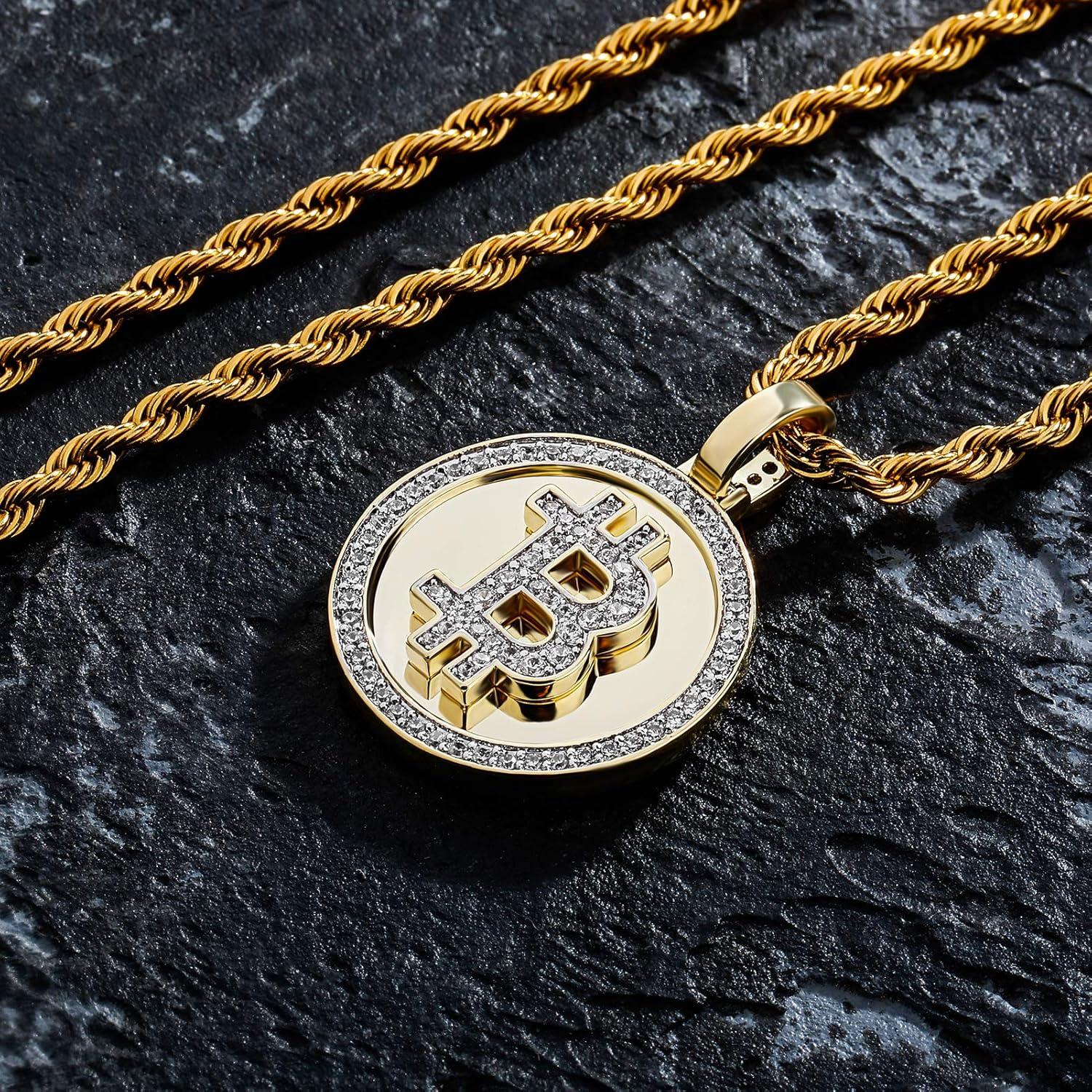 imageTOPGRILLZ Gold Pendant Necklace Men Rope Bitcoin Chain Iced out 14K Gold Plated Cryptocurrency Gold Necklace for Women Stainless Steel NecklaceZircon BTC