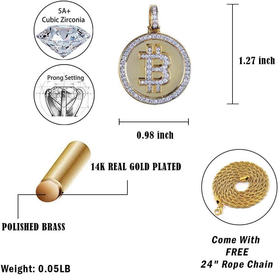 imageTOPGRILLZ Gold Pendant Necklace Men Rope Bitcoin Chain Iced out 14K Gold Plated Cryptocurrency Gold Necklace for Women Stainless Steel NecklaceZircon BTC
