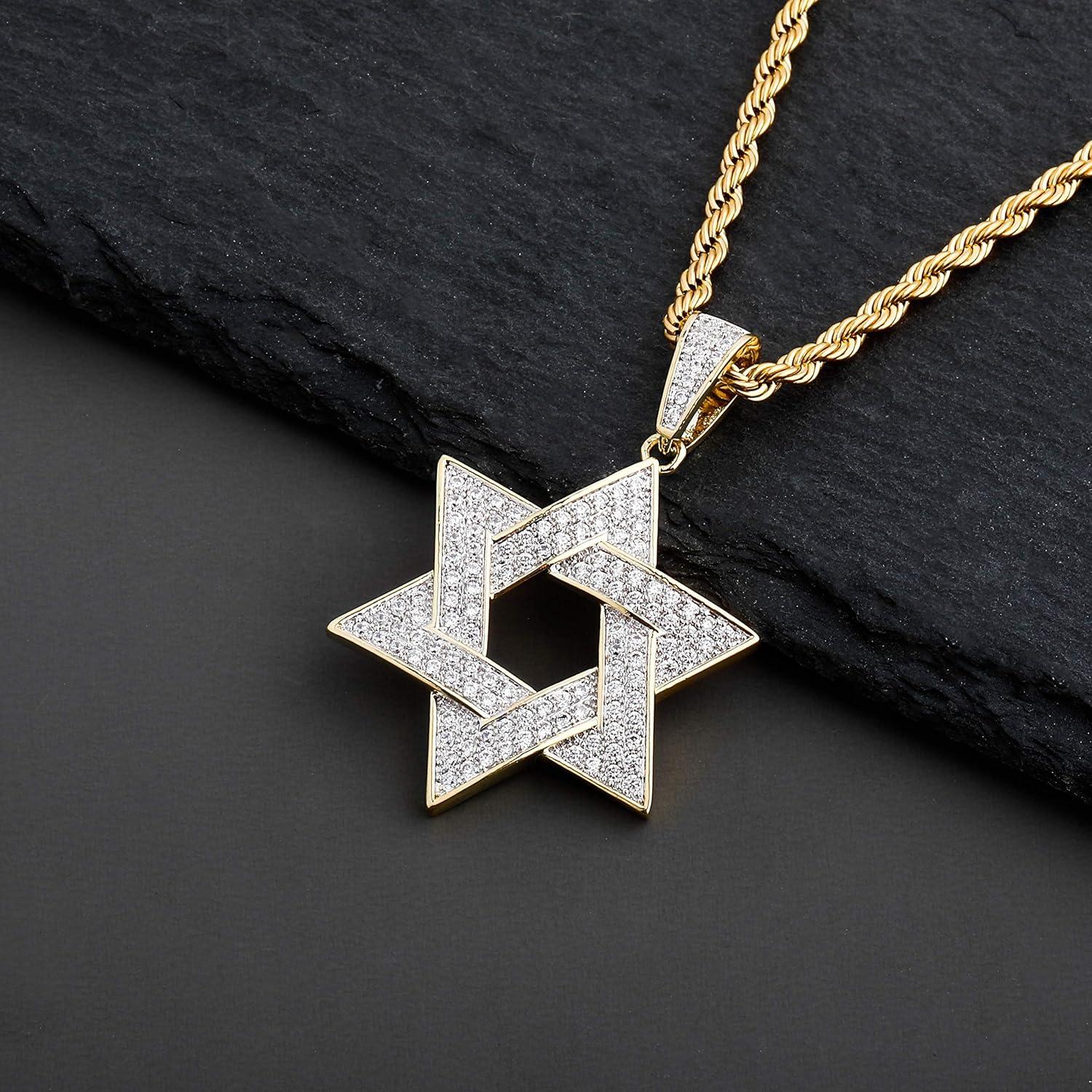 imageTOPGRILLZ Gold Pendant Necklace Men Rope Gold Chain Star of David Necklace Iced out 14K Gold Necklace for Women 24 Stainless SteelDouble Color