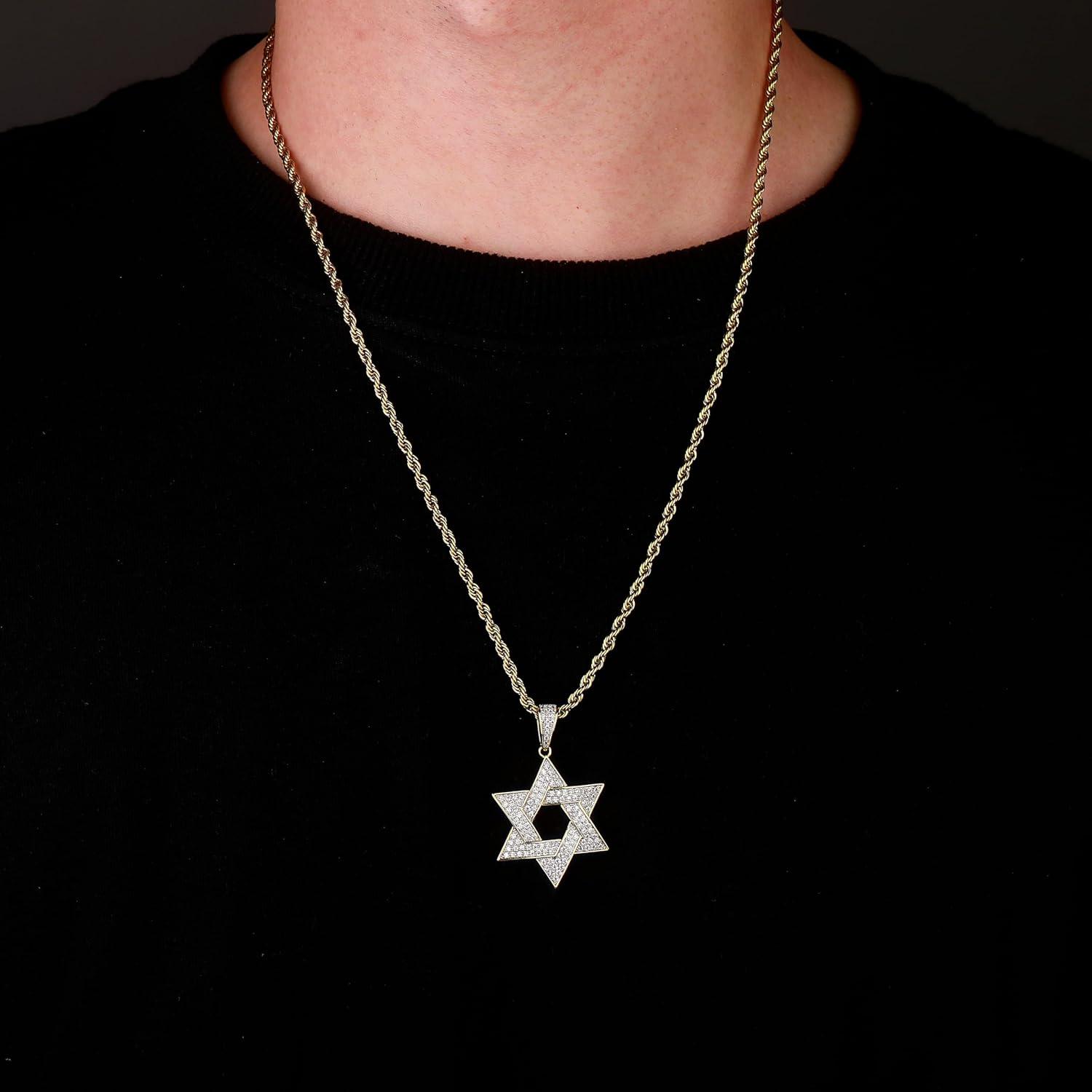 imageTOPGRILLZ Gold Pendant Necklace Men Rope Gold Chain Star of David Necklace Iced out 14K Gold Necklace for Women 24 Stainless SteelDouble Color
