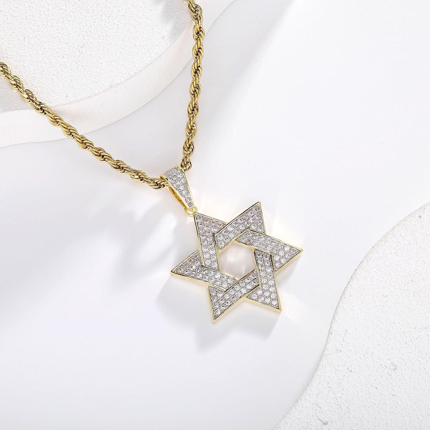 imageTOPGRILLZ Gold Pendant Necklace Men Rope Gold Chain Star of David Necklace Iced out 14K Gold Necklace for Women 24 Stainless SteelDouble Color