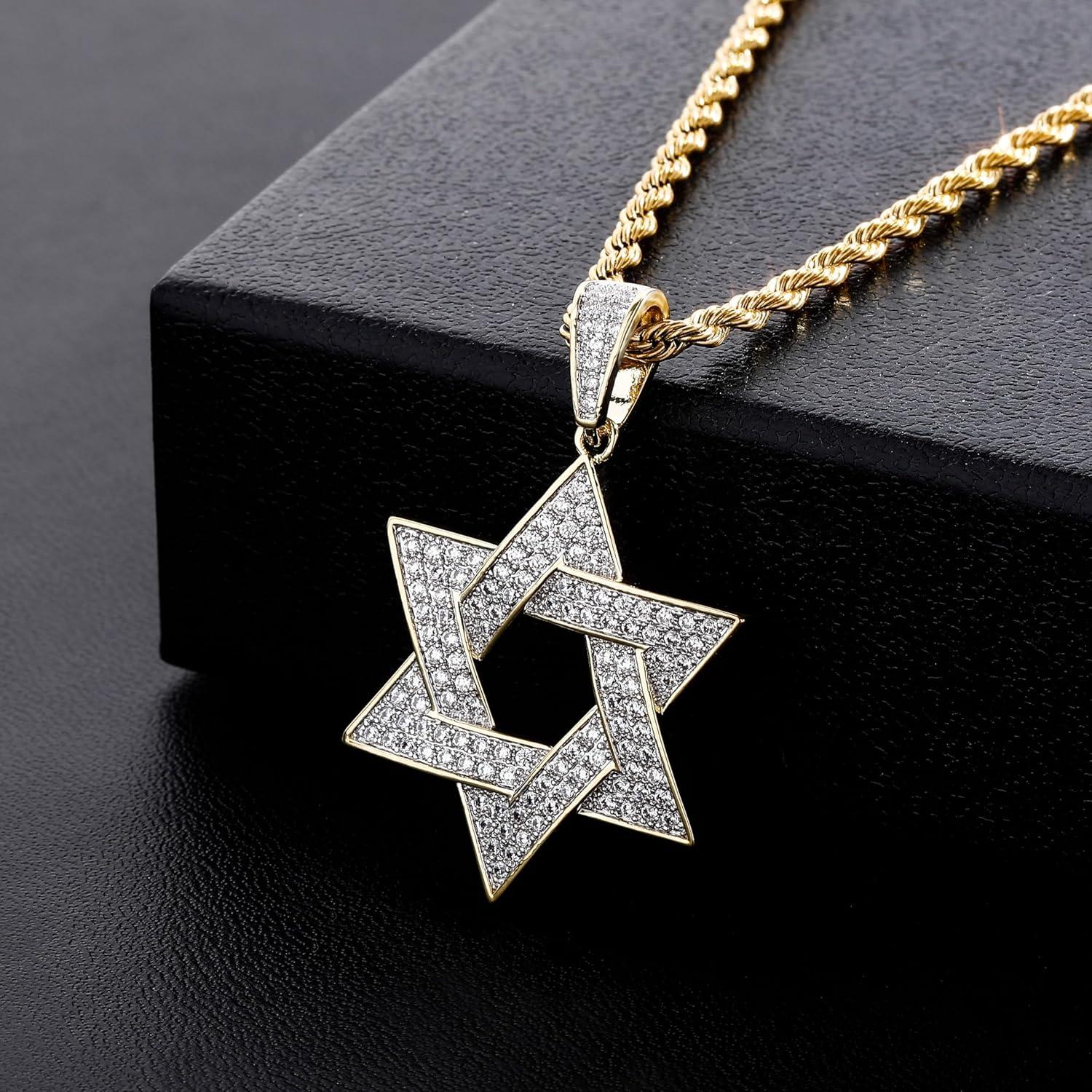 imageTOPGRILLZ Gold Pendant Necklace Men Rope Gold Chain Star of David Necklace Iced out 14K Gold Necklace for Women 24 Stainless SteelDouble Color