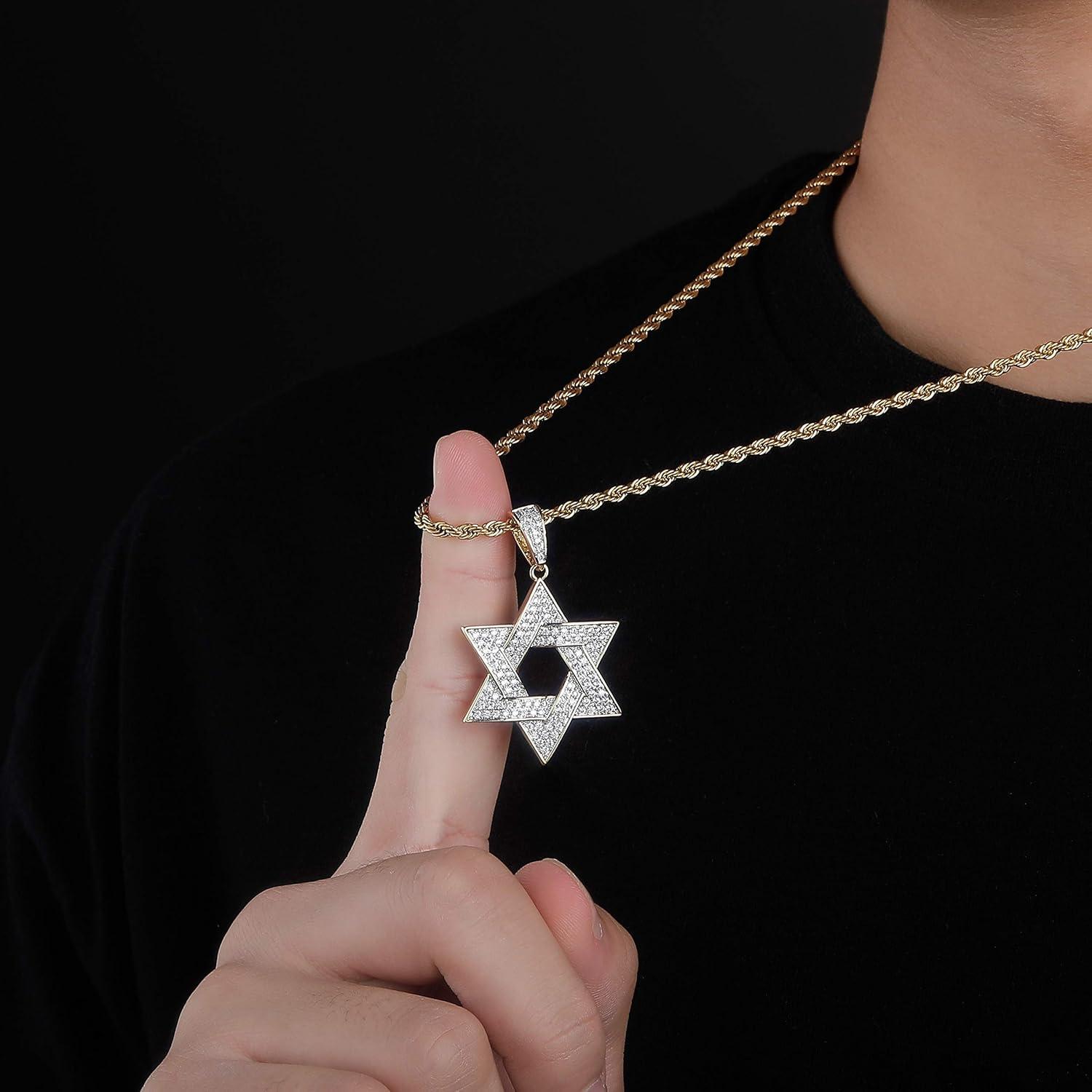 imageTOPGRILLZ Gold Pendant Necklace Men Rope Gold Chain Star of David Necklace Iced out 14K Gold Necklace for Women 24 Stainless SteelDouble Color