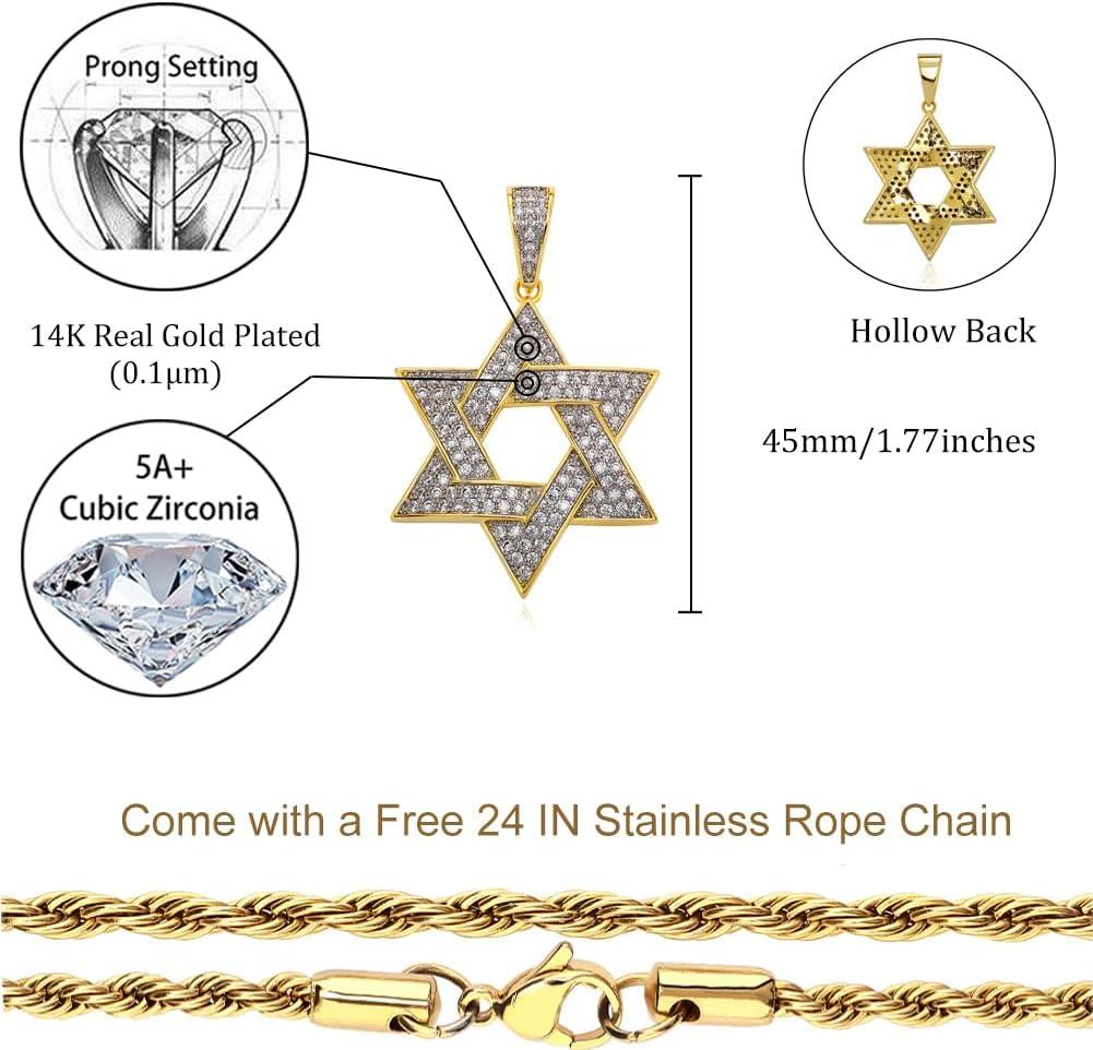 imageTOPGRILLZ Gold Pendant Necklace Men Rope Gold Chain Star of David Necklace Iced out 14K Gold Necklace for Women 24 Stainless SteelDouble Color