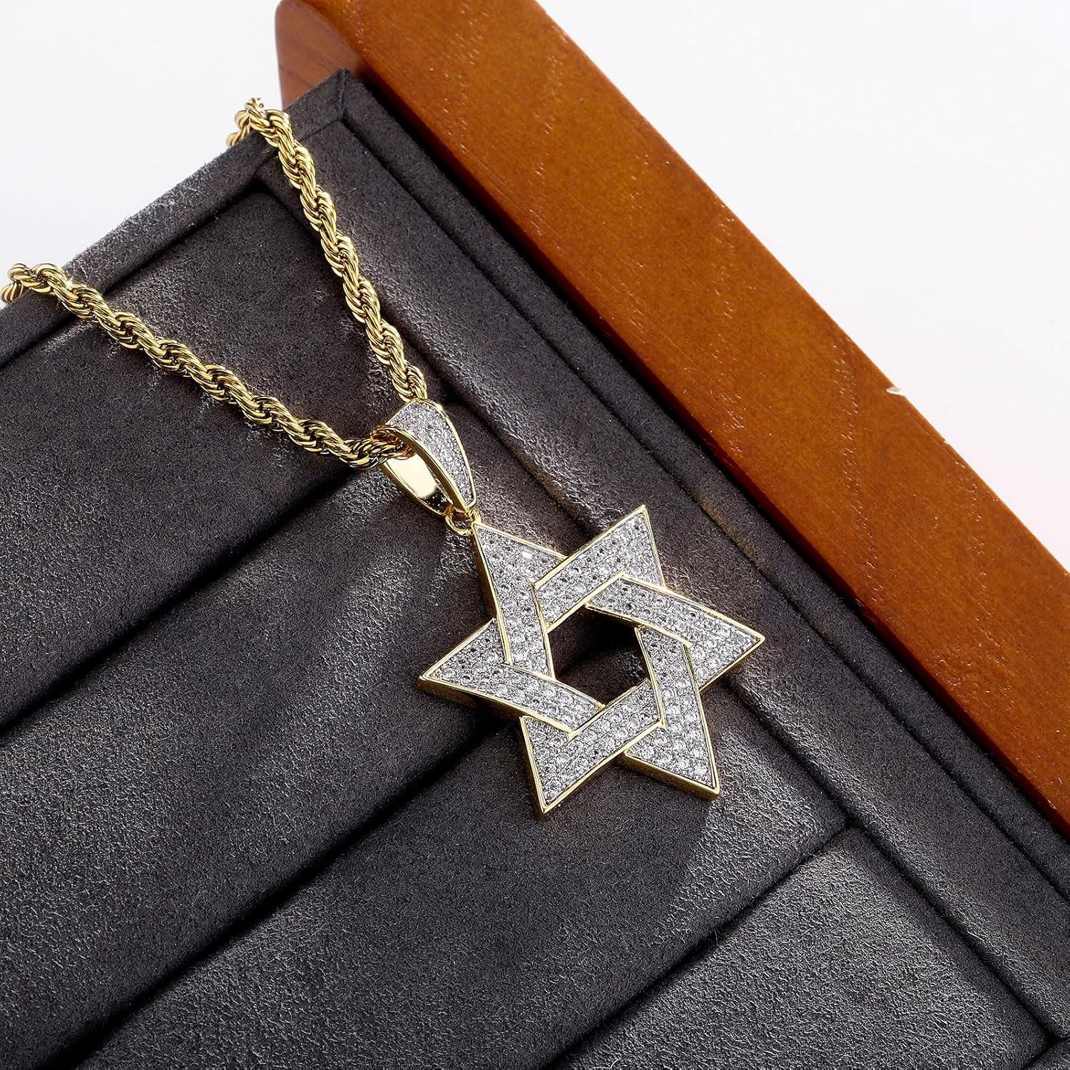 imageTOPGRILLZ Gold Pendant Necklace Men Rope Gold Chain Star of David Necklace Iced out 14K Gold Necklace for Women 24 Stainless SteelDouble Color