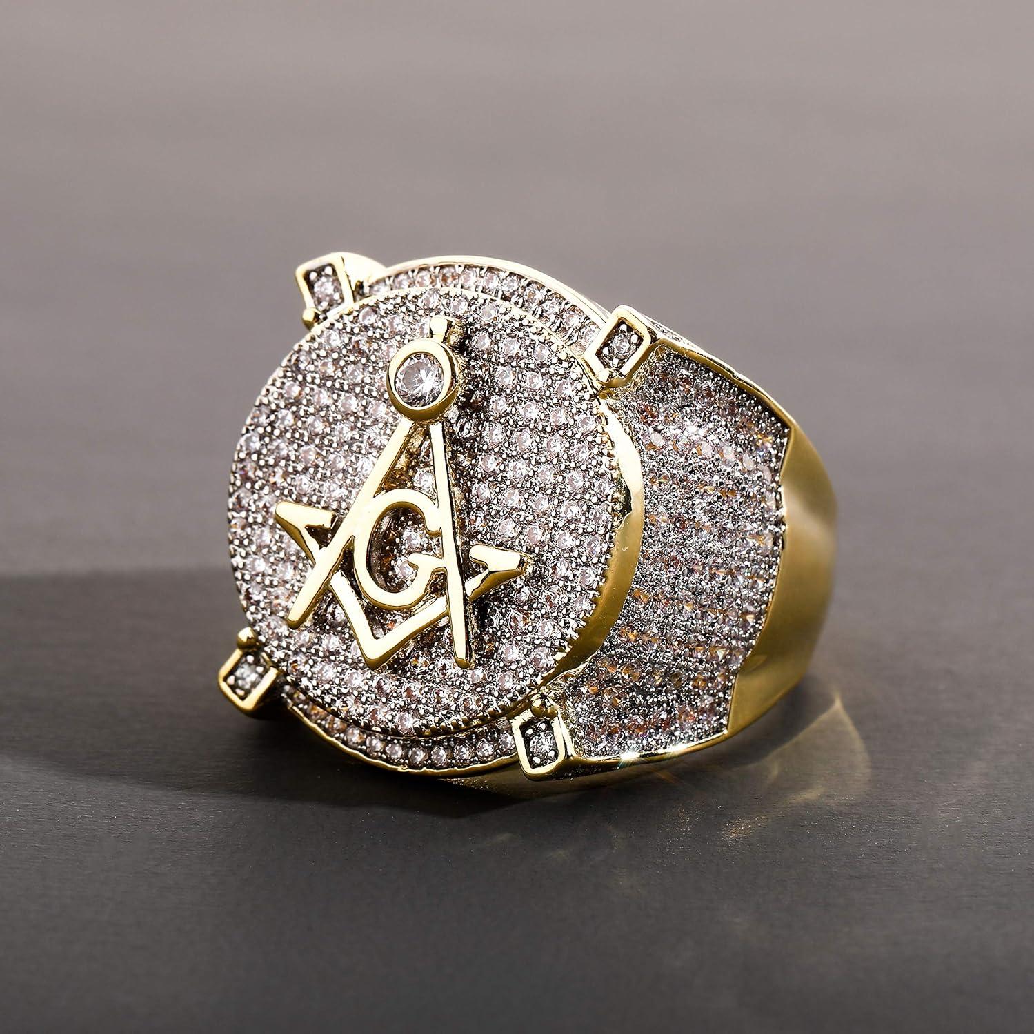 imageTOPGRILLZ Hip Hop 14K Gold Plated Iced out CZ Bling AG Free Mason Ring for Men 11