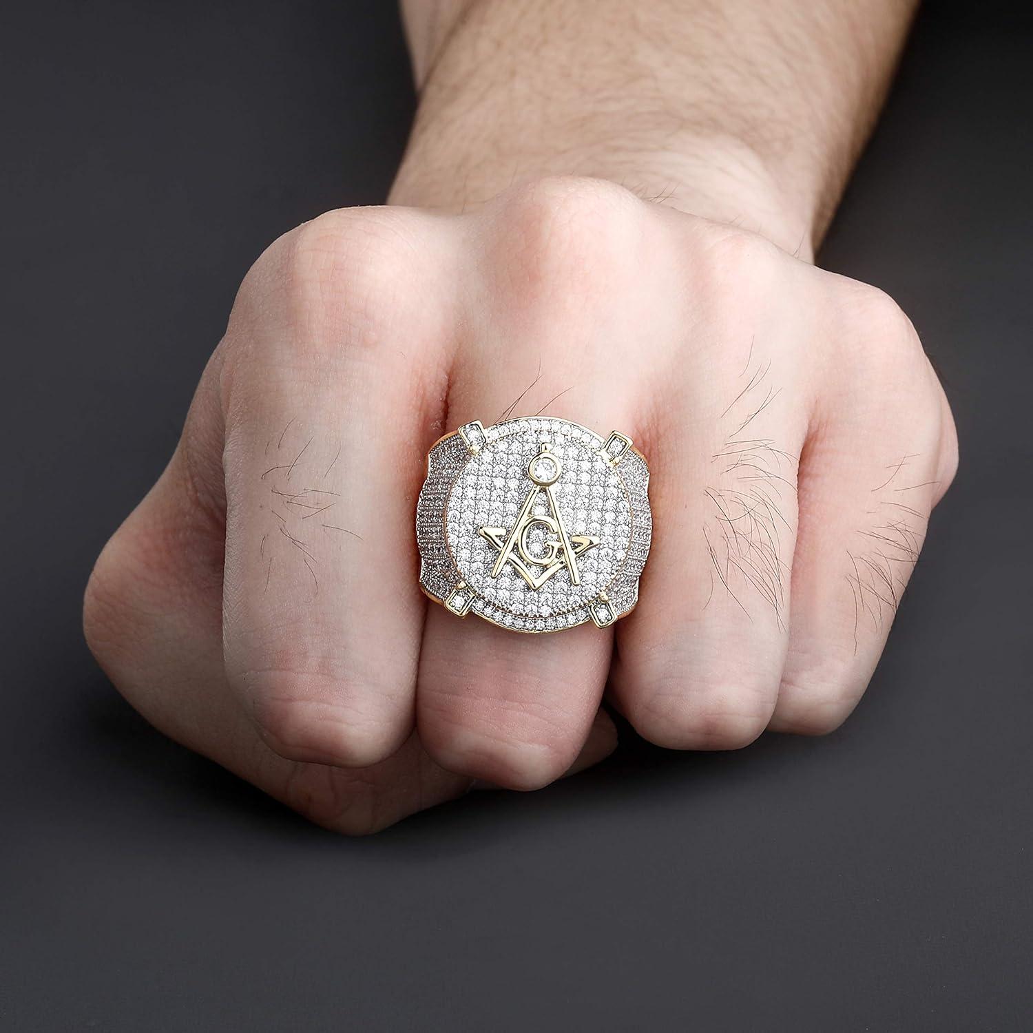 imageTOPGRILLZ Hip Hop 14K Gold Plated Iced out CZ Bling AG Free Mason Ring for Men 11