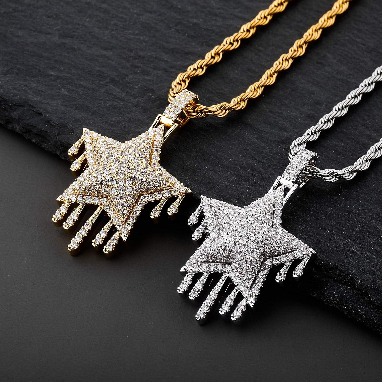 imageTOPGRILLZ Mens 14K Gold Plated Simulated Diamond CZ Drop Pentagram Pendant Necklace Hip Hop Jewelry Silver Pentagram