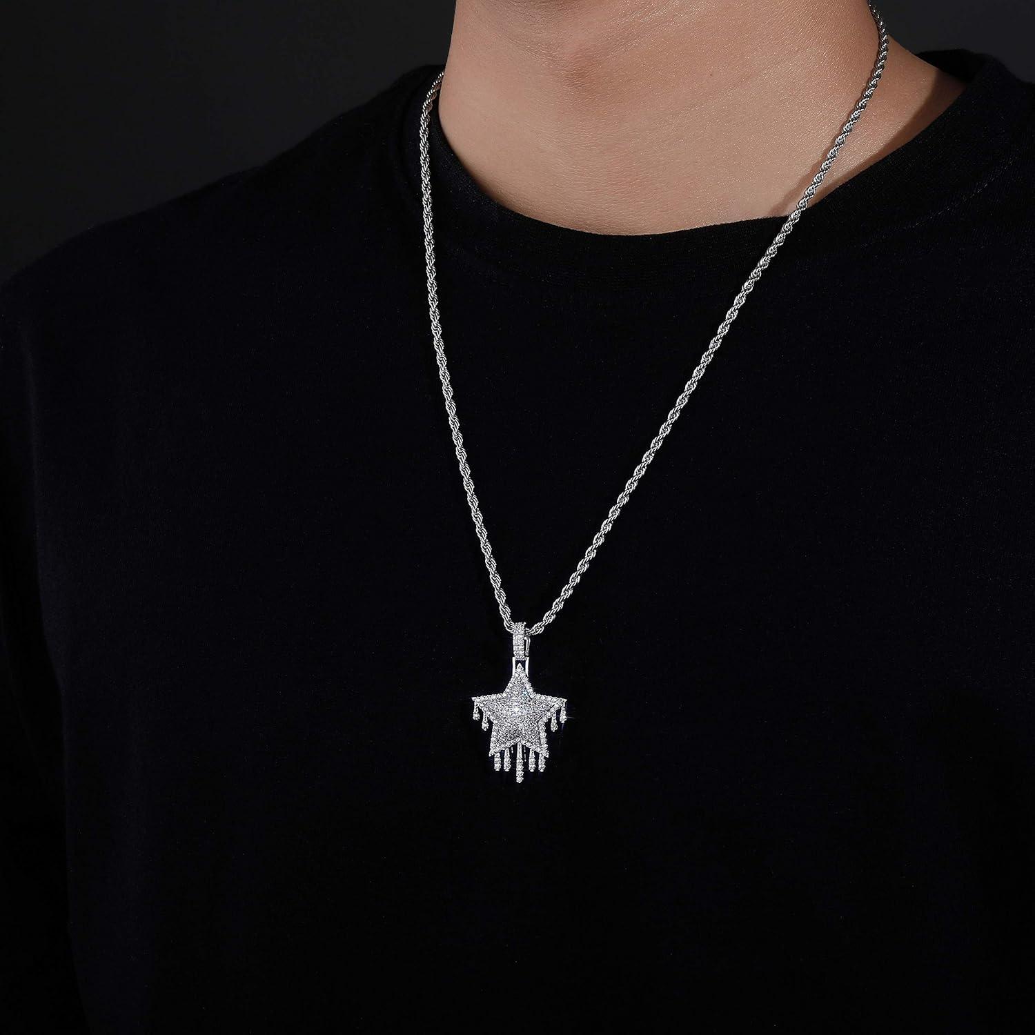 imageTOPGRILLZ Mens 14K Gold Plated Simulated Diamond CZ Drop Pentagram Pendant Necklace Hip Hop Jewelry Silver Pentagram