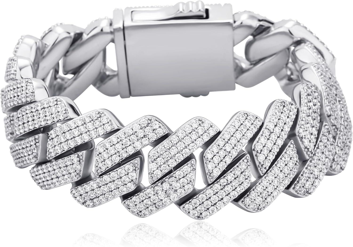 imageTOPGRILLZ Pulseras Para Hombres Gold Bracelet for Men Diamond Cuban Link Bracelet for Women 3 Row 20mm Miami 14K Gold Plated Iced out Straight Edge Rapper CostumeSilver