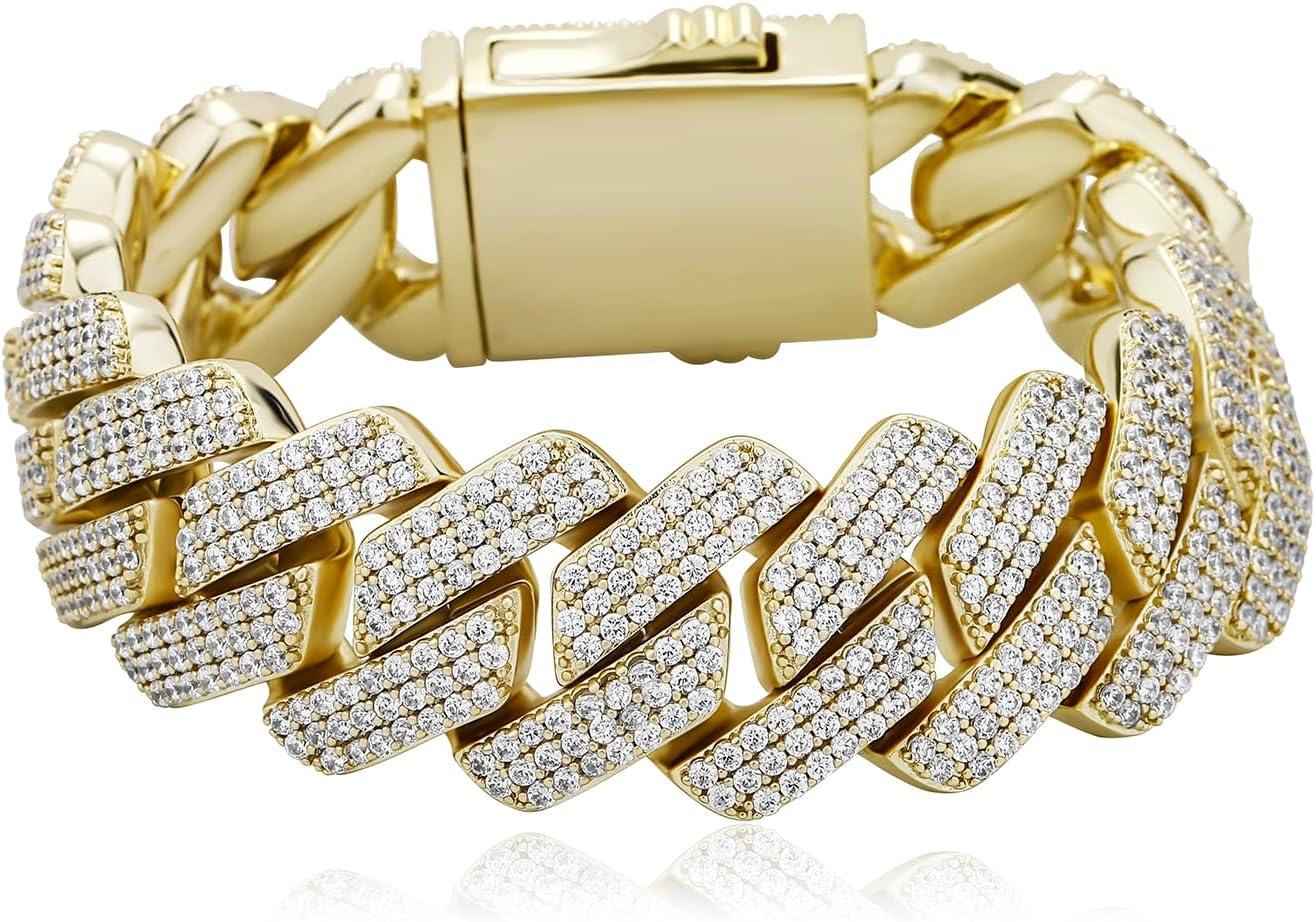 imageTOPGRILLZ Pulseras Para Hombres Gold Bracelet for Men Diamond Cuban Link Bracelet for Women 3 Row 20mm Miami 14K Gold Plated Iced out Straight Edge Rapper CostumeGold