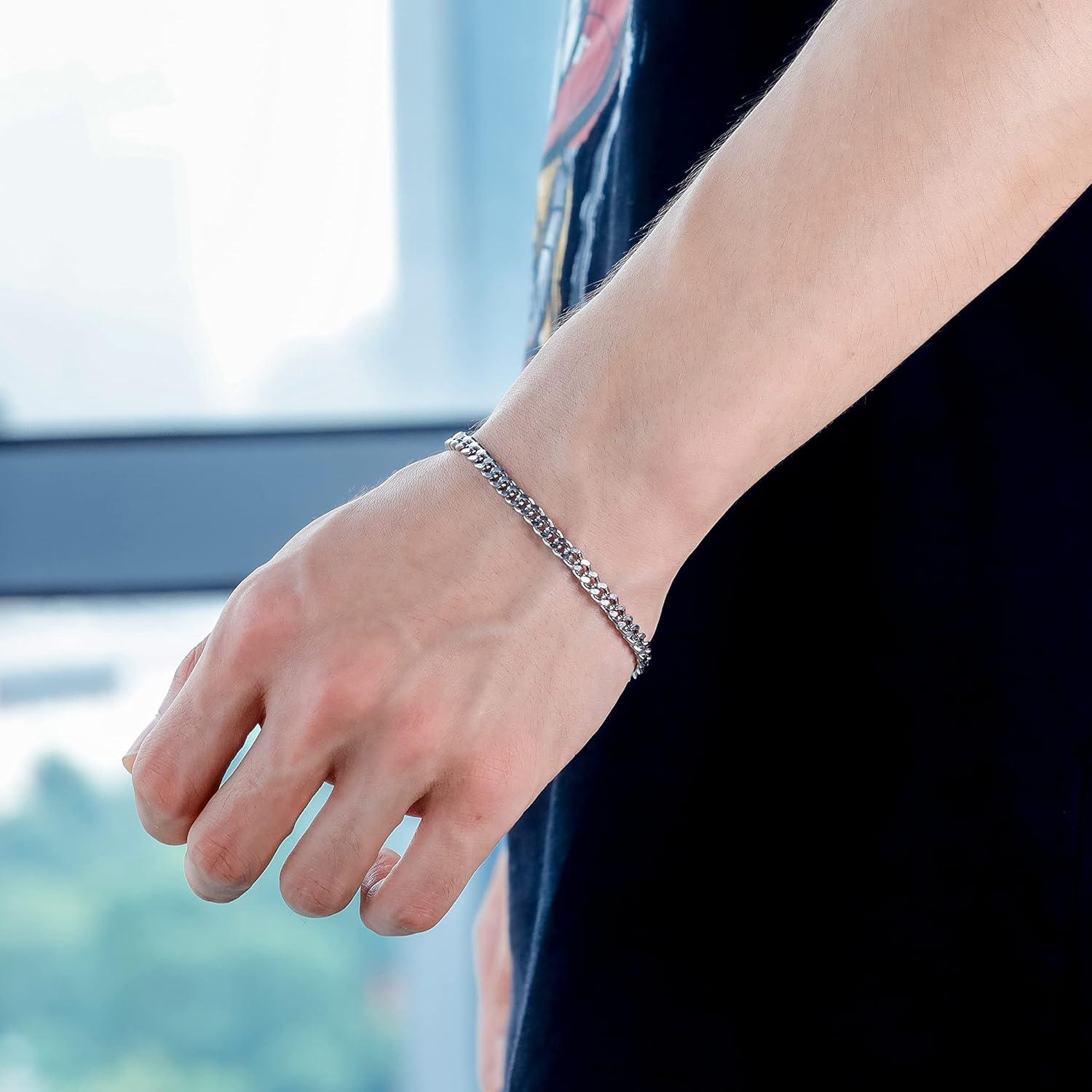 imageTOPGRILLZ Stainless Steel Link Bracelet for Men 4mm Cuban Link Silver Bracelets for Women Minimalist Jewelry Gifts