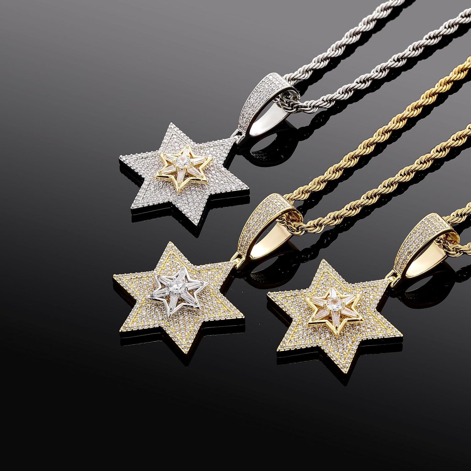 imageTOPGRILLZ Star Of David Necklace for Men Gold Big Pendant Chain Jewish Star 14K Gold Plated Iced out Cubic Zirconia Religious Charm Necklace Pendant for Women Gold Large