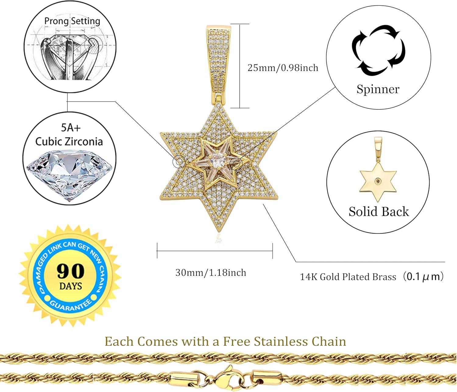 imageTOPGRILLZ Star Of David Necklace for Men Gold Big Pendant Chain Jewish Star 14K Gold Plated Iced out Cubic Zirconia Religious Charm Necklace Pendant for Women Gold Large