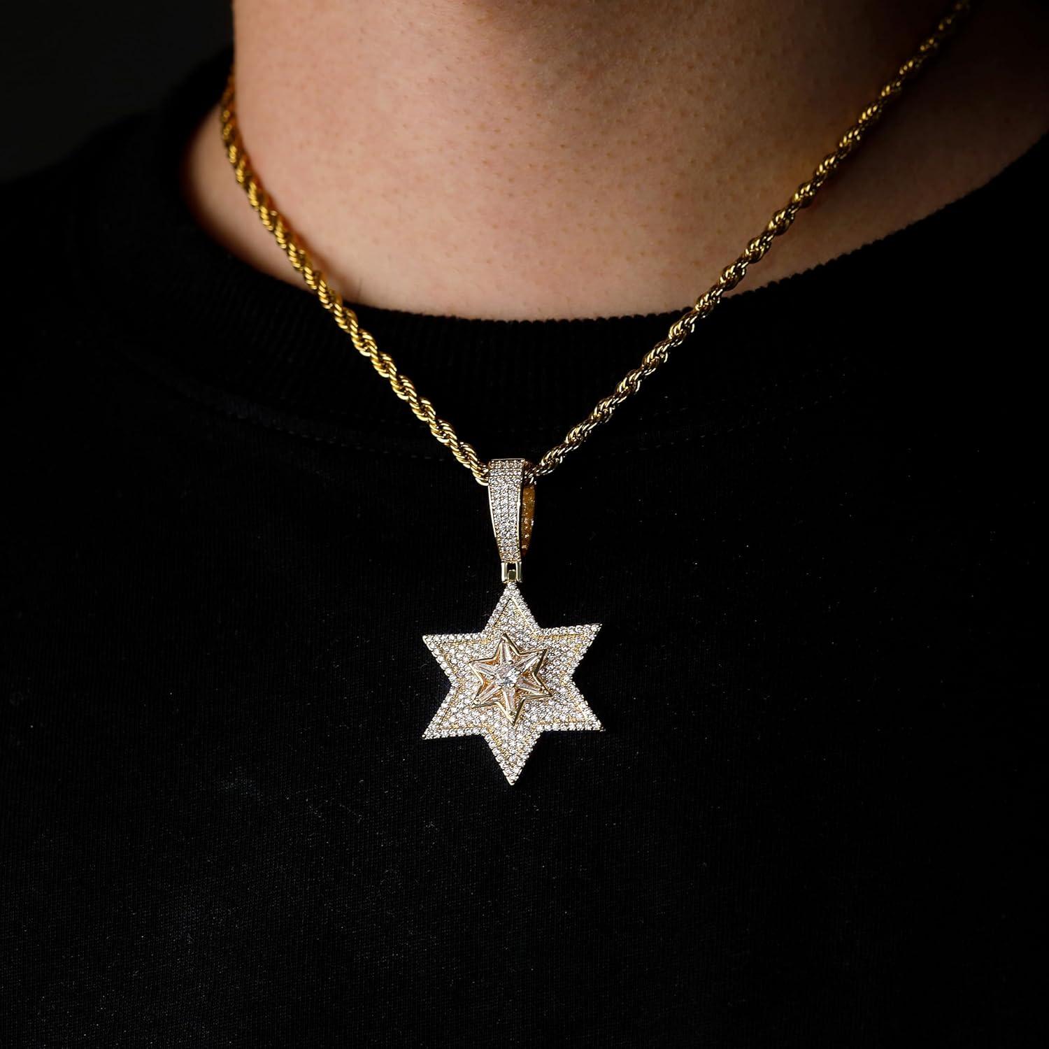 imageTOPGRILLZ Star Of David Necklace for Men Gold Big Pendant Chain Jewish Star 14K Gold Plated Iced out Cubic Zirconia Religious Charm Necklace Pendant for Women Gold Large