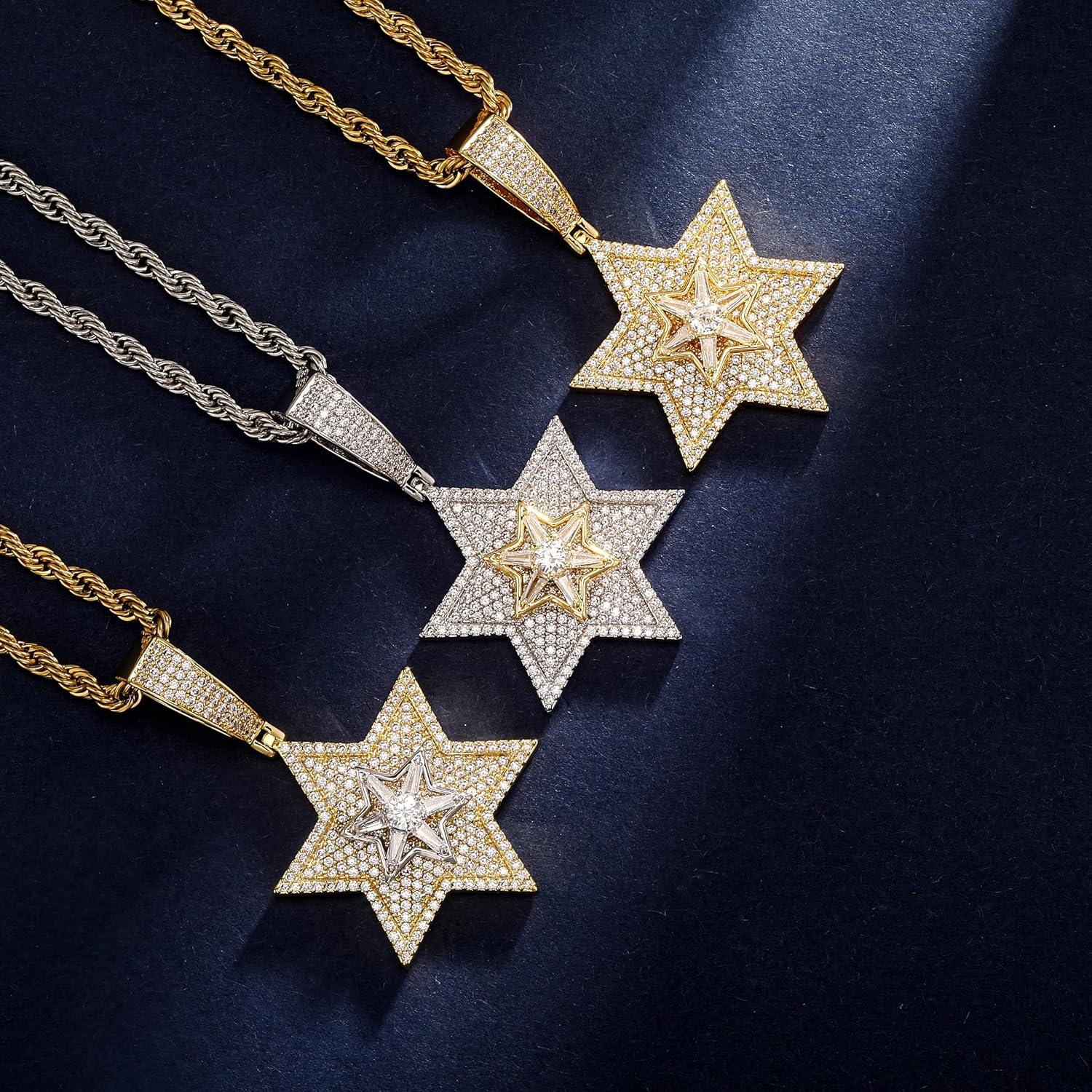 imageTOPGRILLZ Star Of David Necklace for Men Gold Big Pendant Chain Jewish Star 14K Gold Plated Iced out Cubic Zirconia Religious Charm Necklace Pendant for Women Gold Large