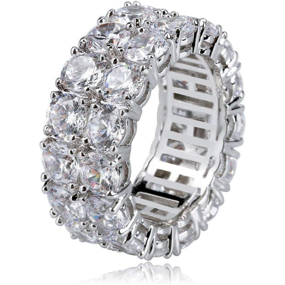 imageTOPGRILLZ 2Row Cubic Zirconia Band Ring for Men ampamp Women 14K Gold Plated Brass 9 mm Wide IcedOut Eternity Sizes 612 Golden or SilverySilver