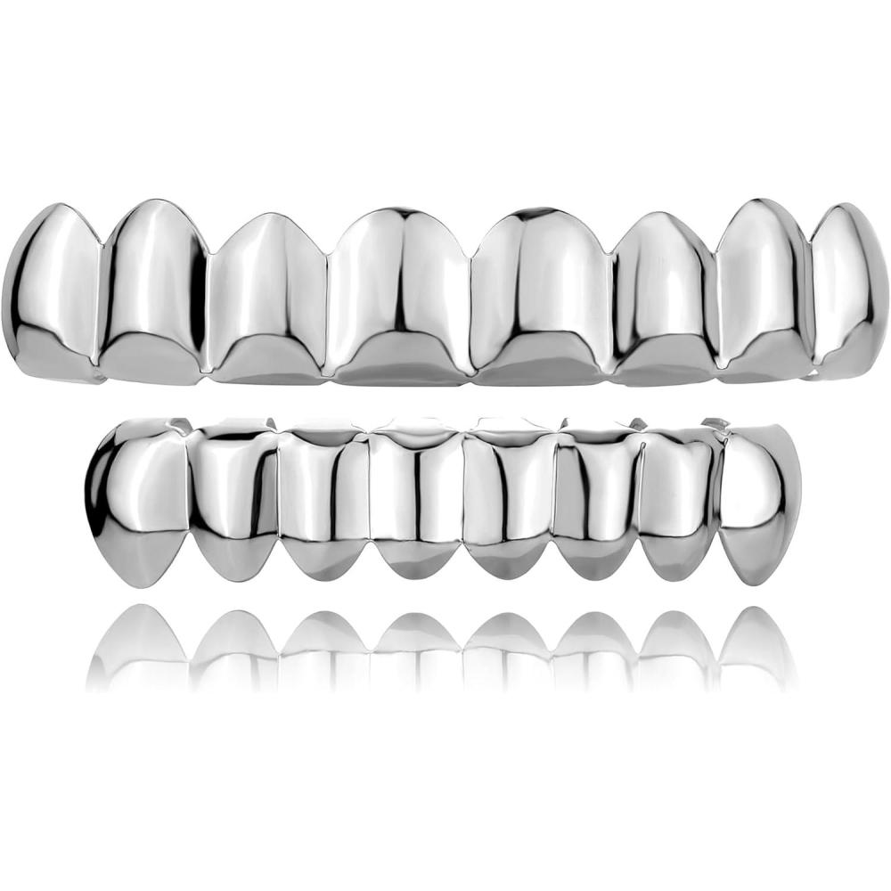 imageTOPGRILLZ Grillz Grills for Your Teeth  Men Gold Teeth 8 Grillz for Women 18K Gold Plated Polished Rugged Hip Hop Grill Rapper CostumeSilvery TB