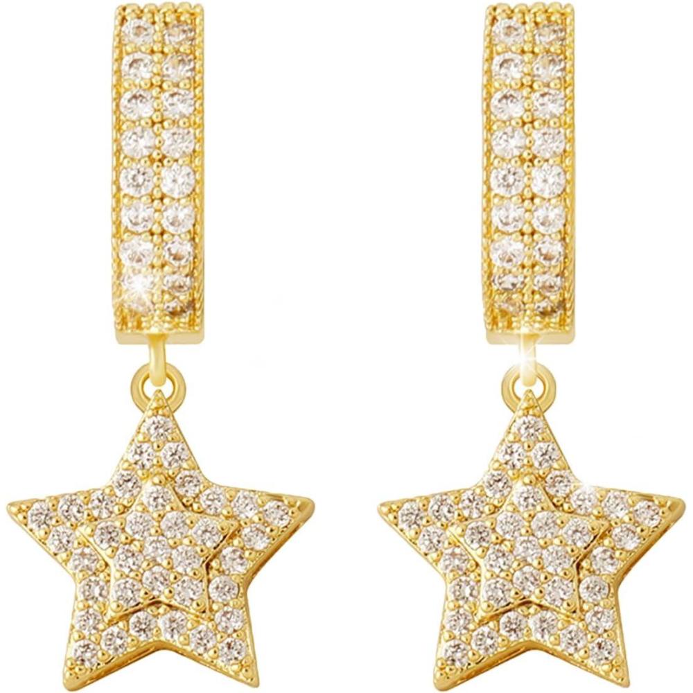 imageTOPGRILLZ Iced Out Dangle Hoop Earrings 14K Golden Plated 5A Cubic Zirconia Star Pin Lock Key Cartilage Hoop Dangle Drop Earrings For Men WomenBling StarGold