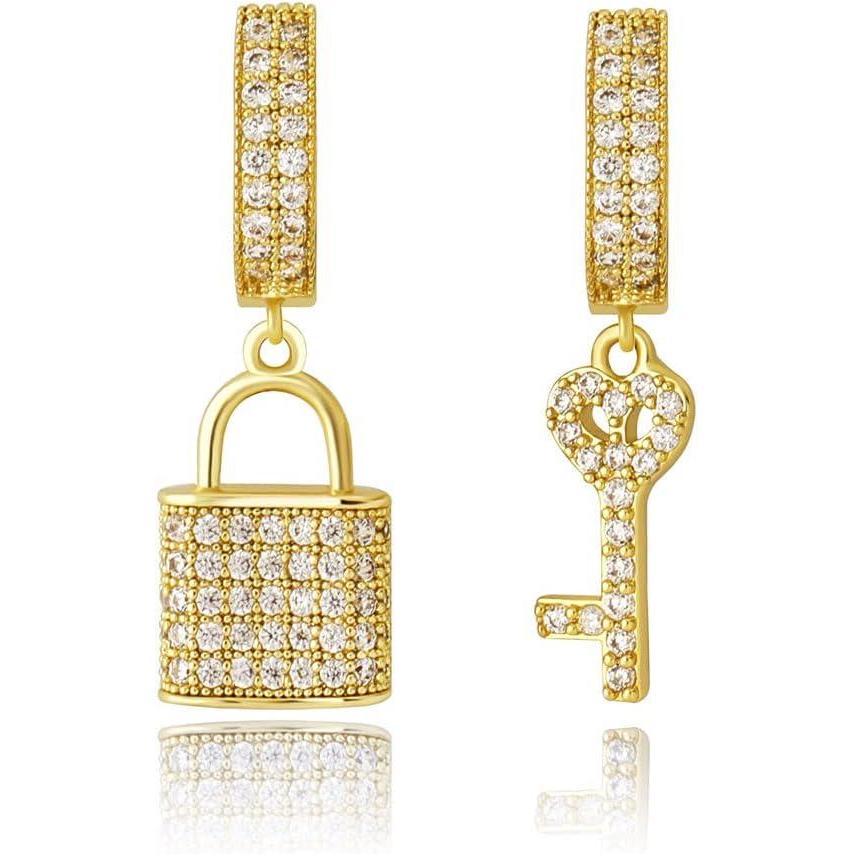 imageTOPGRILLZ Iced Out Dangle Hoop Earrings 14K Golden Plated 5A Cubic Zirconia Star Pin Lock Key Cartilage Hoop Dangle Drop Earrings For Men WomenLock KeyGold