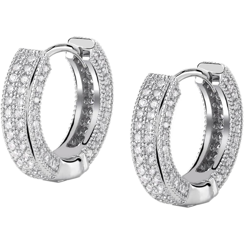 imageTOPGRILLZ Iced Out Hoop Earrings Cubic Zirconia Huggie Cartilage Cuff Hypoallergenic 14K Gold Plated Luxury Fashion Round Circle Earrings For Men Women02 Silver