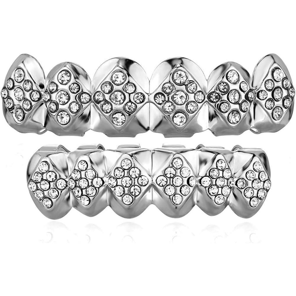 imageTOPGRILLZ Poker Heart Grills for Your Teeth Grillz Teeth Men Grillz for Women 18K Gold Plated Brass with Cubic ZirconiaHipHop Cosplay Costume AccessorySilvery Rhombic