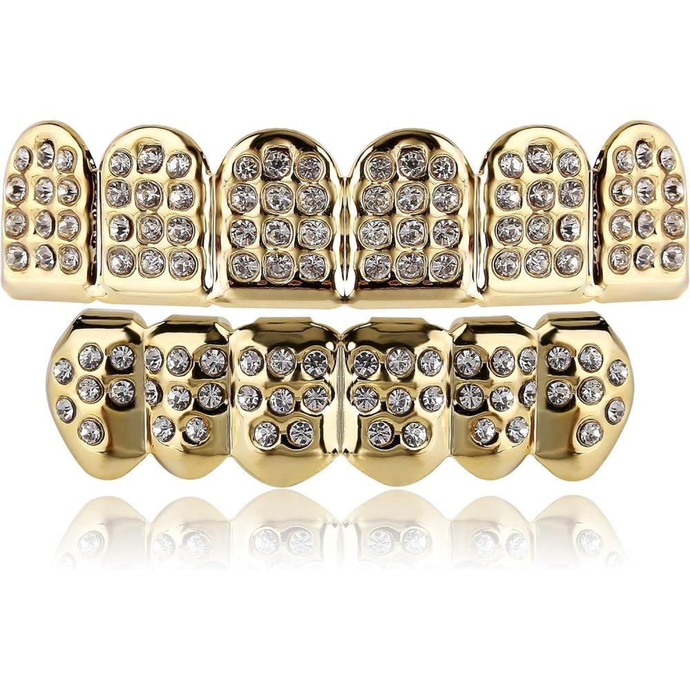 imageTOPGRILLZ Poker Heart Grills for Your Teeth Grillz Teeth Men Grillz for Women 18K Gold Plated Brass with Cubic ZirconiaHipHop Cosplay Costume AccessoryGolden 6 Fangs