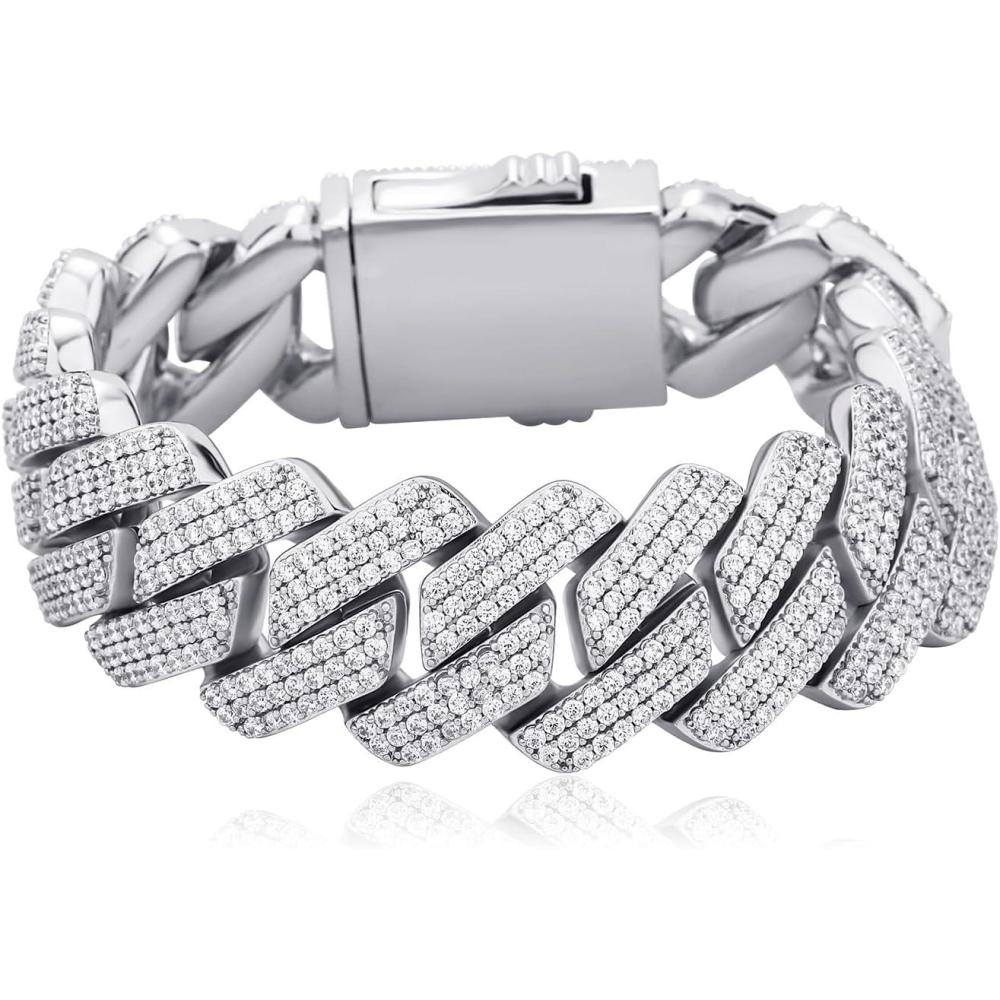 imageTOPGRILLZ Pulseras Para Hombres Gold Bracelet for Men Diamond Cuban Link Bracelet for Women 3 Row 20mm Miami 14K Gold Plated Iced out Straight Edge Rapper CostumeSilver