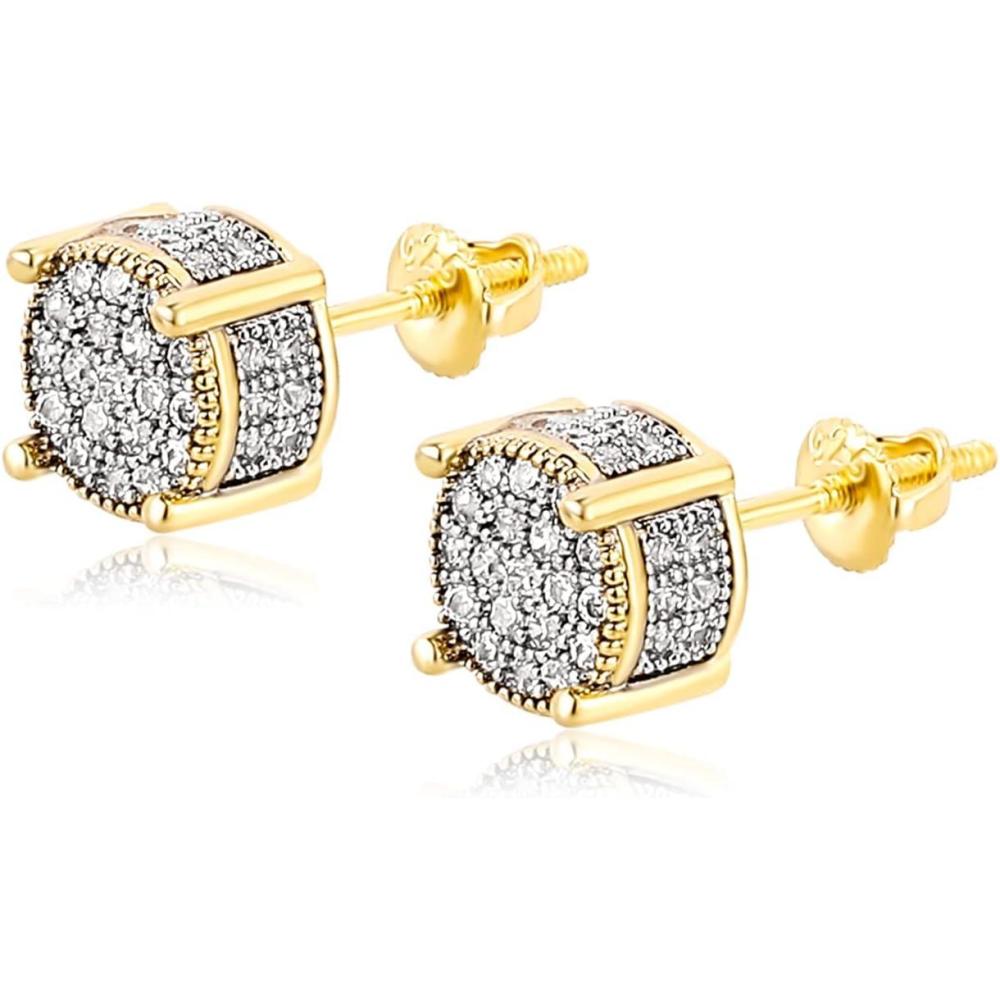 imageTOPGRILLZ Screw Back Earrings 14K Golden Plated 5A Cubic Zirconia Cluster Round Screw On Stud Earrings For Men Women Aretes De HombreThick Double Color