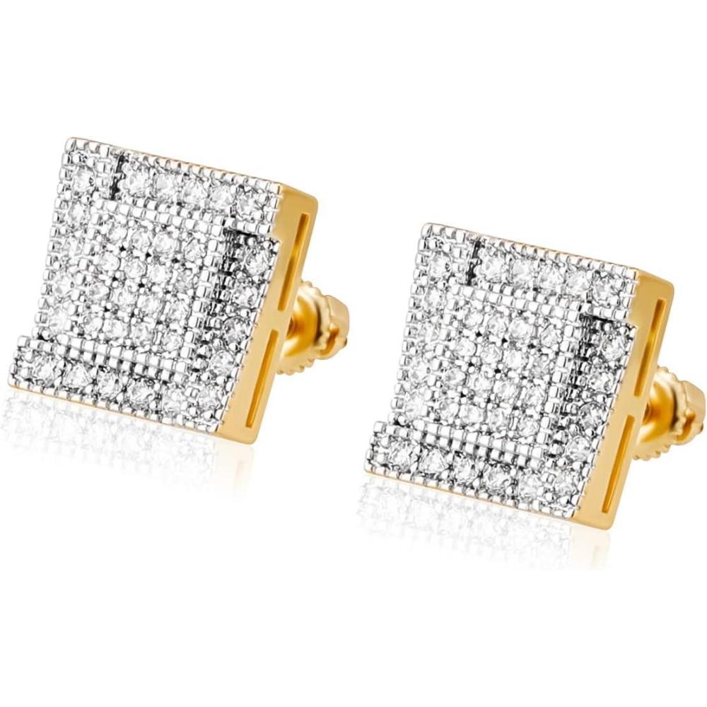 imageTOPGRILLZ Square Stud Earrings 925 Sterling Silver 5A Cubic Zirconia 14K Gold Black Diamonds Stud Earrings For Men Women Aretes De HombreGold02
