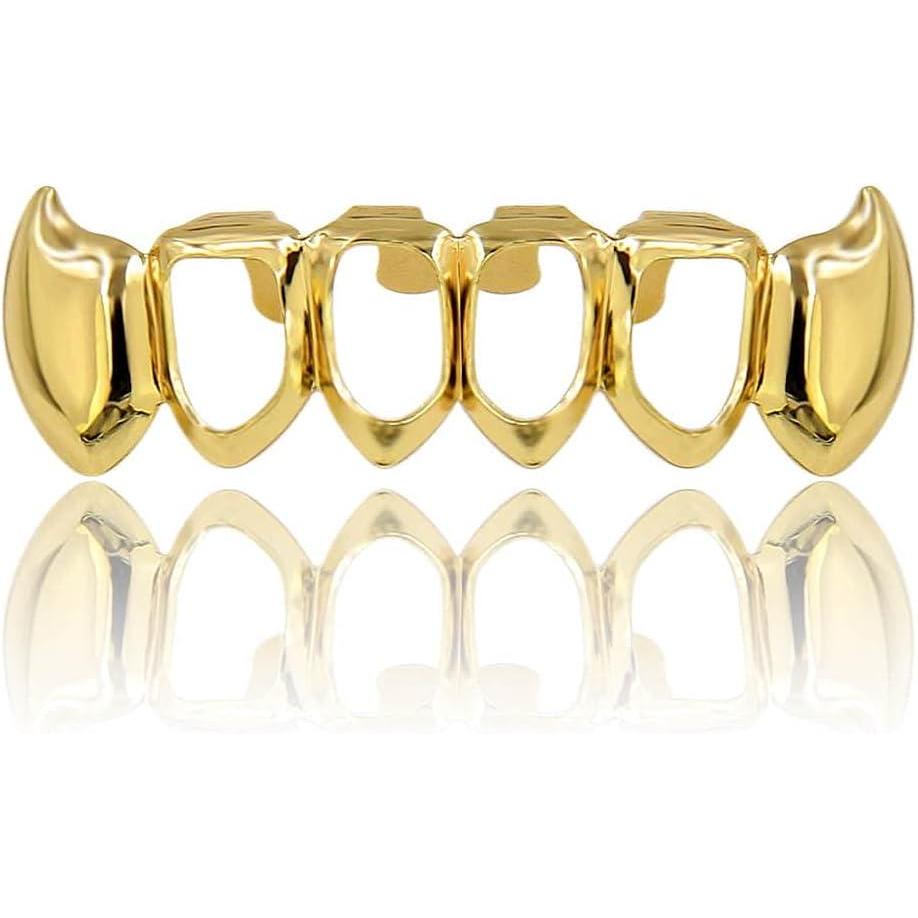 imageTOPGRILLZ Vampire Teeth Grillz  Grills for Your Teeth 14K Gold Plated Vampire Fangs Open Face Gold Grillz for Men Women Hip Hop Cosplay Rapper Costume Accessory Extra 2 Molding BarsGold Vampire Bottom