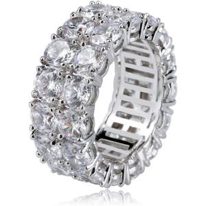 TOPGRILLZ 2-Row Cubic Zirconia Band Ring for Men & Women, 14K Gold Plated Brass, 9 mm Wide Iced-Out Eternity, Sizes 6-12, Golden or Silvery(Silver)