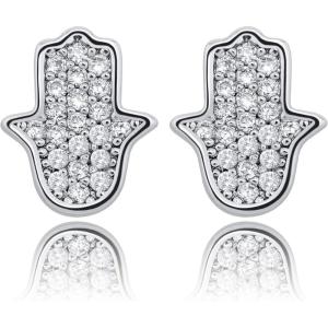 TOPGRILLZ 925 Sterling Silver Small Cute Screw Stud Back Geometric Earrings Hypoallergenic Iced Out CZ Diamond 14K Gold Daily Earrings Gift For Men Women Fashion Jewelry (Silver-Hand)