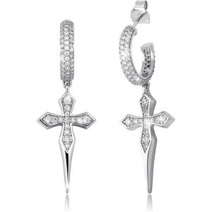 TOPGRILLZ Cross Hoop Dangle Earrings 925 Sterling Silver 5A+ Cubic Zirconia 14K Gold Hypoallergenic Cross Hoop Cuff Huggie Drop Earrings For Men Women(14K Silver)