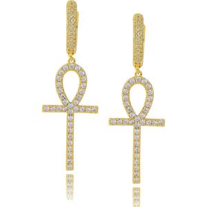 TOPGRILLZ Cross Hoop Dangle Earrings 925 Sterling Silver 5A+ Cubic Zirconia 14K Gold Hypoallergenic Cross Hoop Cuff Huggie Drop Earrings For Men Women(Ankh Gold)