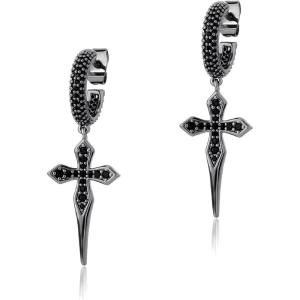 TOPGRILLZ Cross Hoop Dangle Earrings 925 Sterling Silver 5A+ Cubic Zirconia 14K Gold Hypoallergenic Cross Hoop Cuff Huggie Drop Earrings For Men Women(Black Cross Stud)