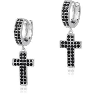 TOPGRILLZ Cross Hoop Dangle Earrings 925 Sterling Silver 5A+ Cubic Zirconia 14K Gold Hypoallergenic Cross Hoop Cuff Huggie Drop Earrings For Men Women(Cross 2 Silver Black)