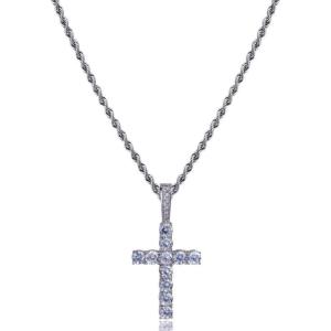 TOPGRILLZ Cross Necklace for Men Gold Necklace for Women Gold Heart Cross Jewelry 14K Silver Plated Solid Iced Cubic Zirconia Stainless Steel Pendant Chain(Silver 24″Rope Chain)