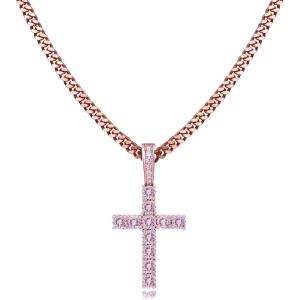 TOPGRILLZ Cross Necklace for Men Gold Necklace for Women Gold Heart Cross Jewelry 14K Silver Plated Solid Iced Cubic Zirconia Stainless Steel Pendant Chain(Pink 20″ Cuban Chain)