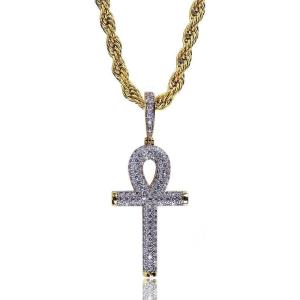 TOPGRILLZ Cross Necklace for Women Ankh Gold Cross Necklace for Men Rope Cuban Link Chain Pendant Necklace Iced out 14K Gold Plated Diamond Ankh Pendant 24 Stainless Steel Chain(24.0 Inches)