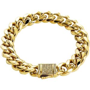 TOPGRILLZ Gold Bracelet Cuban Link Iced out 14K Gold Plated Hip Hop Miami Solid Cuban Link Bracelet for Men 10mm Diamond Clasp Gifts for Women(7″ Gold)