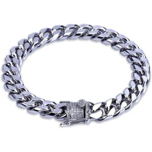 TOPGRILLZ Gold Bracelet Cuban Link Iced out 14K Gold Plated Hip Hop Miami Solid Cuban Link Bracelet for Men 10mm Diamond Clasp Gifts for Women(7″ Silver)