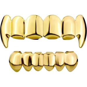 TOPGRILLZ Grills for Your Teeth Gold Grillz 18K Gold Plated Rapper Costume Grillz Teeth for Men and Women Hip Hop Polished 6 teeth Extra Silicon Molding Bars(Flat+Vampire Bottom)
