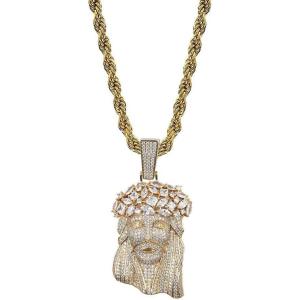 TOPGRILLZ Jesus Pendant Necklace Rope Gold Chain for Men Iced out 14K Gold Plated Simulated Diamond Chain Stainless Steel Chain 24 inch(Gold Big Jesus)