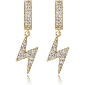 TOPGRILLZ Lightning Bolt Dangle Earrings 14K Gold Plated 5A+ Cubic Zirconia Hanging Hoop Lightning Drop Cool Dangling Earrings For Men Women Trendy(01 Gold)