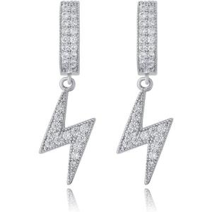 TOPGRILLZ Lightning Bolt Dangle Earrings 14K Gold Plated 5A+ Cubic Zirconia Hanging Hoop Lightning Drop Cool Dangling Earrings For Men Women Trendy(01 Silver)