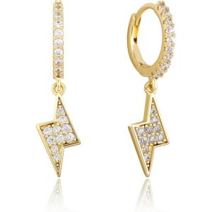TOPGRILLZ Lightning Bolt Dangle Earrings 14K Gold Plated 5A+ Cubic Zirconia Hanging Hoop Lightning Drop Cool Dangling Earrings For Men Women Trendy(02 Gold)